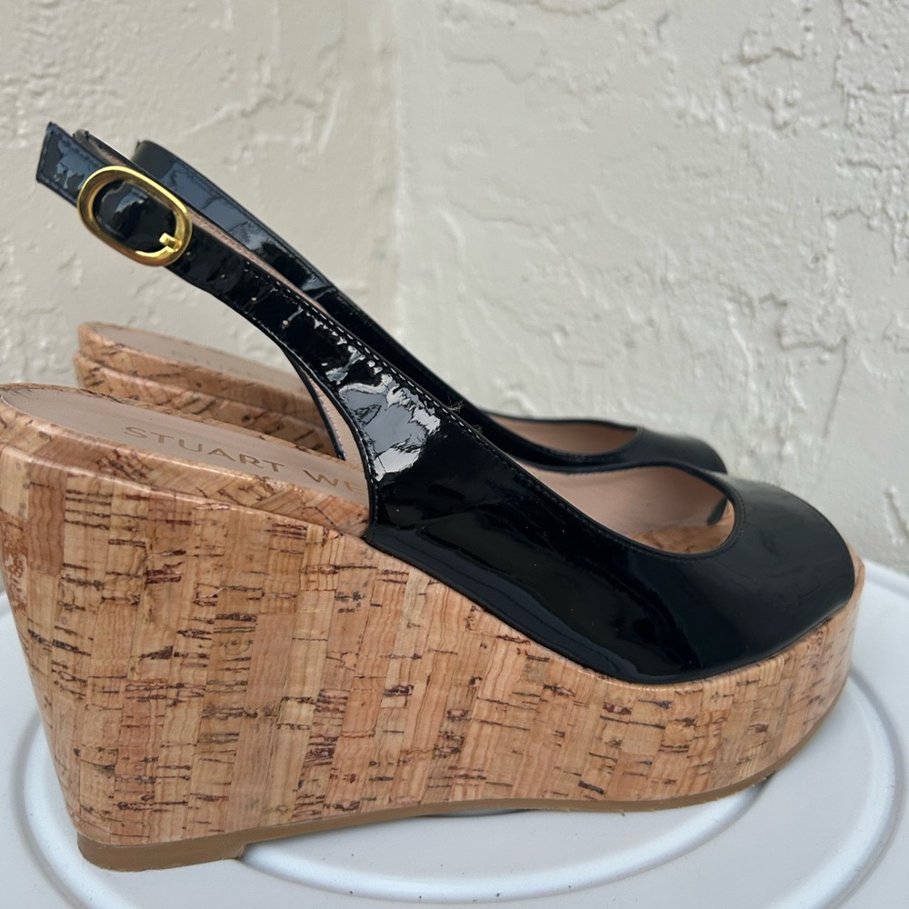 Stuart Weitzman Riveria black patent leather slingback platform Sandals Size 8